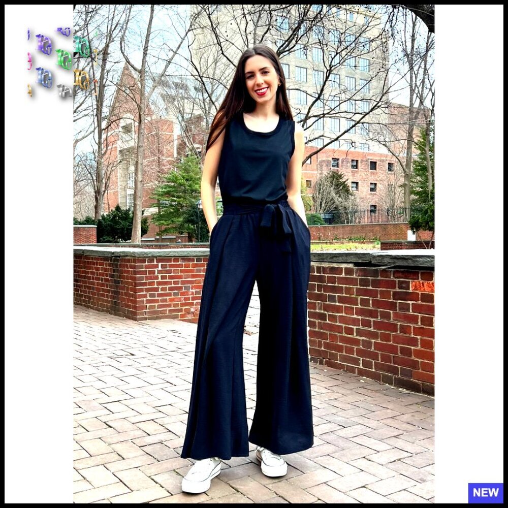 Wide Leg Palazzo Pants High Waisted Tie Knot Trousers Flowy Work Casual - Picture 7 of 7